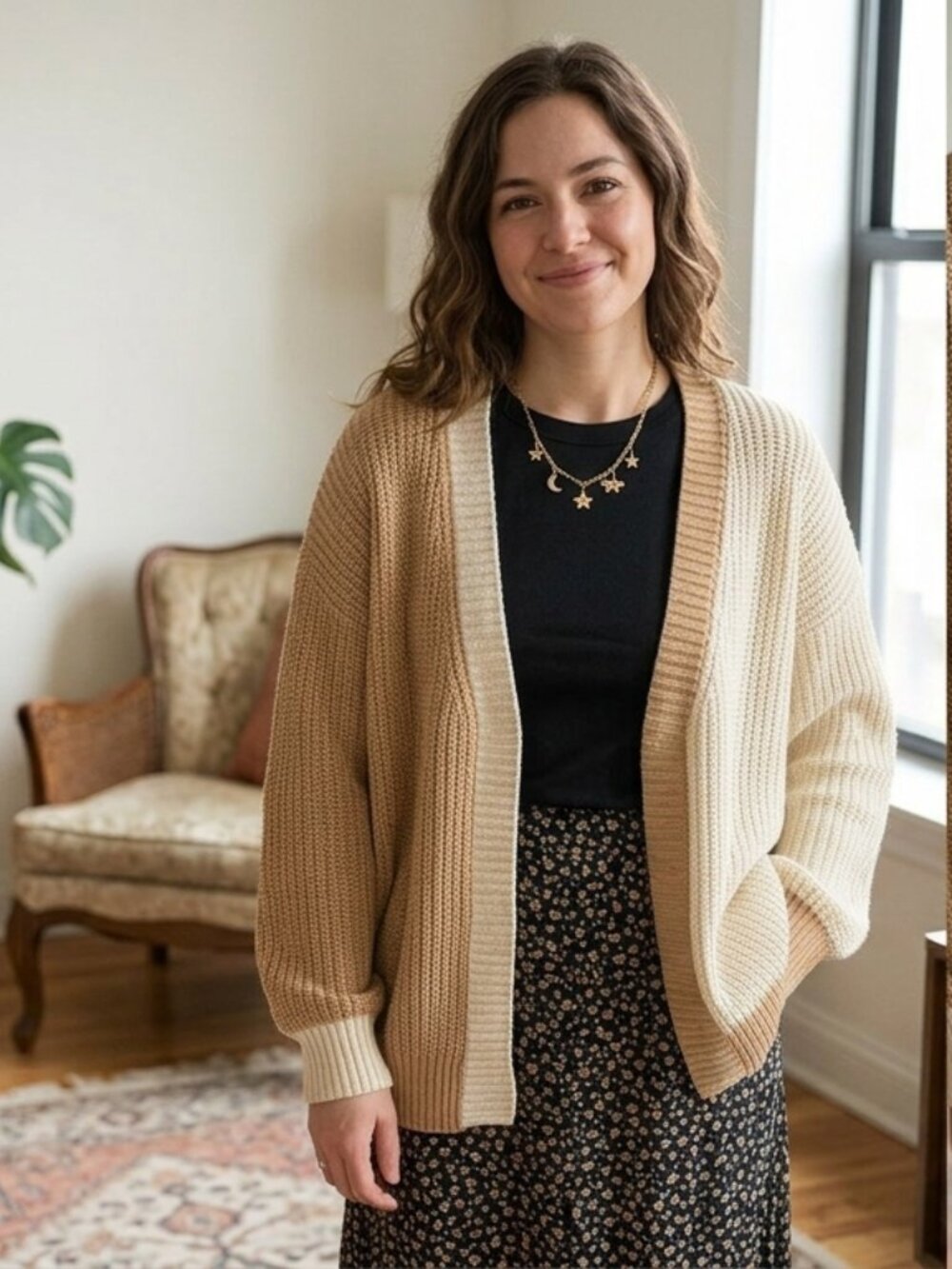 Cream Beige Open Front Knit Colorbloc Cardigan Oversize S-L Grandmacore Neutral